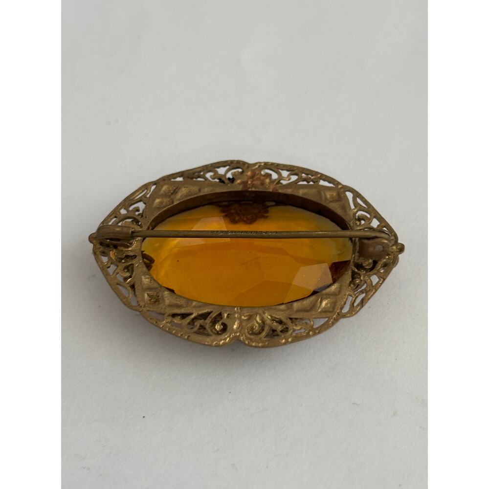 Vintage Antique Citrine Glass Brooch Filigree - Picture 4 of 6